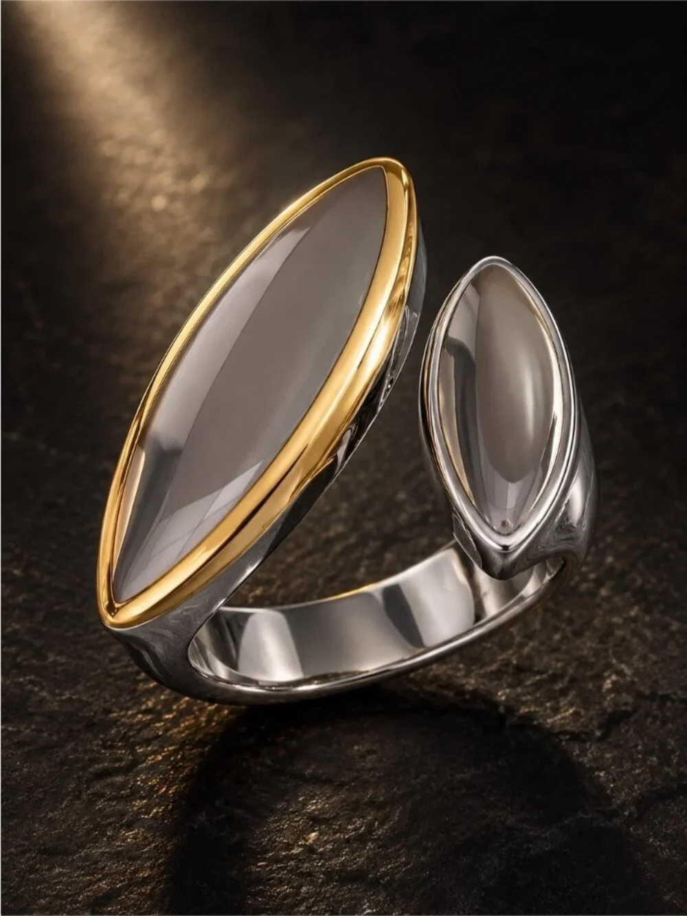 Two-Marquise Open Ring in Silver with Gold Trim